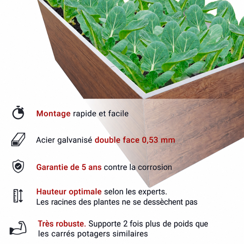 Potager Surélevé En Métal 170x85x63 Cm Avec Grille Anti-Taupes, Effet Bois