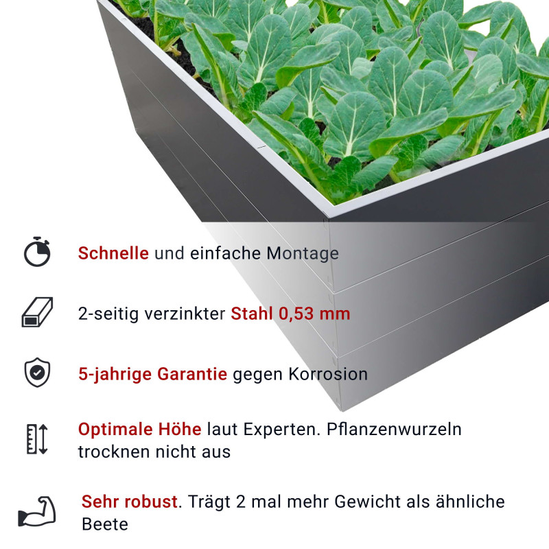 Hochbeet Metall 197x98x63 сm für Garten, sehr Stabil, Grau, mit Maulwurfnetz