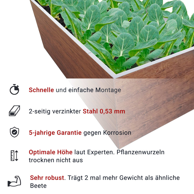 Hochbeet Metall 197×98x63 cm für Garten, sehr Stabil, Holzeffekt, mit Maulwurfnetz