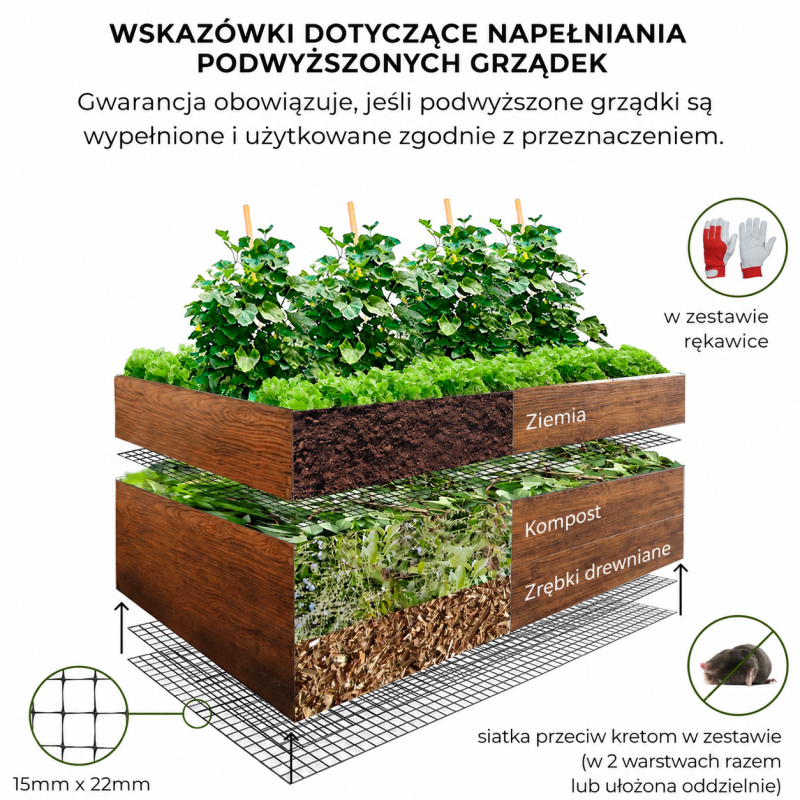 Podwyższona Grządka Metalowa 170x85x63 Cm Z Siatką Na Krety, Efekt Drewna Podwyższona Grządka Metalowa 170x85x63 Cm Z Siatką Na Krety, Efekt Drewna