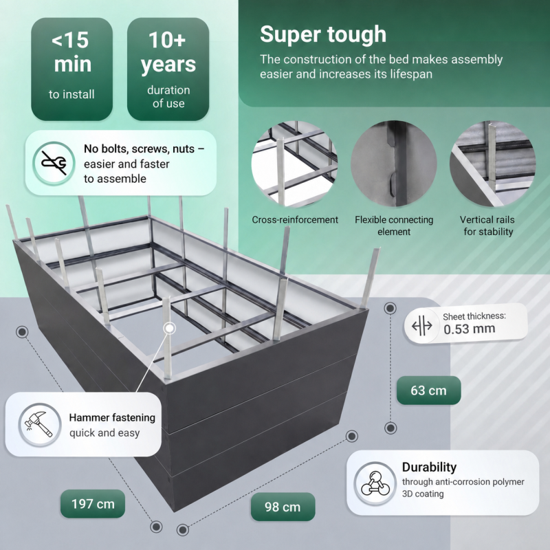 Garden Raised Bed 197x98x63 cm, made of galvanized Metal Stable, Gray, mole net incl.