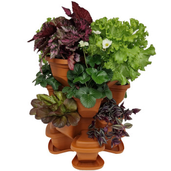 Vertical flower pot for the garden with 3+1 floors. Terracotta.