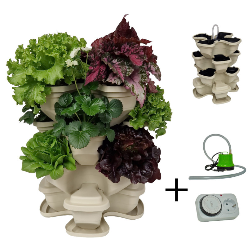 Vertical garden flower pot with 3+1 floors and pump. Beige.