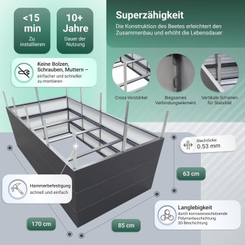 Garden Raised Bed 170x85x63 cm made of galvanized Metal, Stable, Gray, mole net incl.