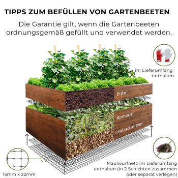 Garden Raised Bed 200x100x63 cm made of galvanized Metal, Stable, Wood Effect, mole net incl.