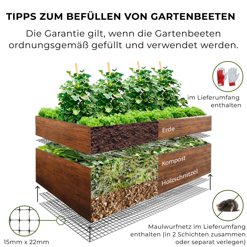 Garden Raised Bed 200x100x63 cm made of galvanized Metal, Stable, Wood Effect, mole net incl.