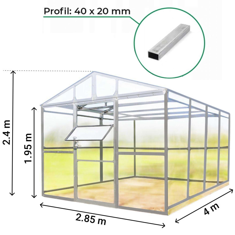 Didelė lauko šiltnamė 4 x 2,85 m, polikarbonatas 4 mm