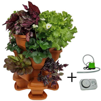 Vertikaler Gartenblumentopf mit 3+1 Etagen und Pumpe. Terrakotta.