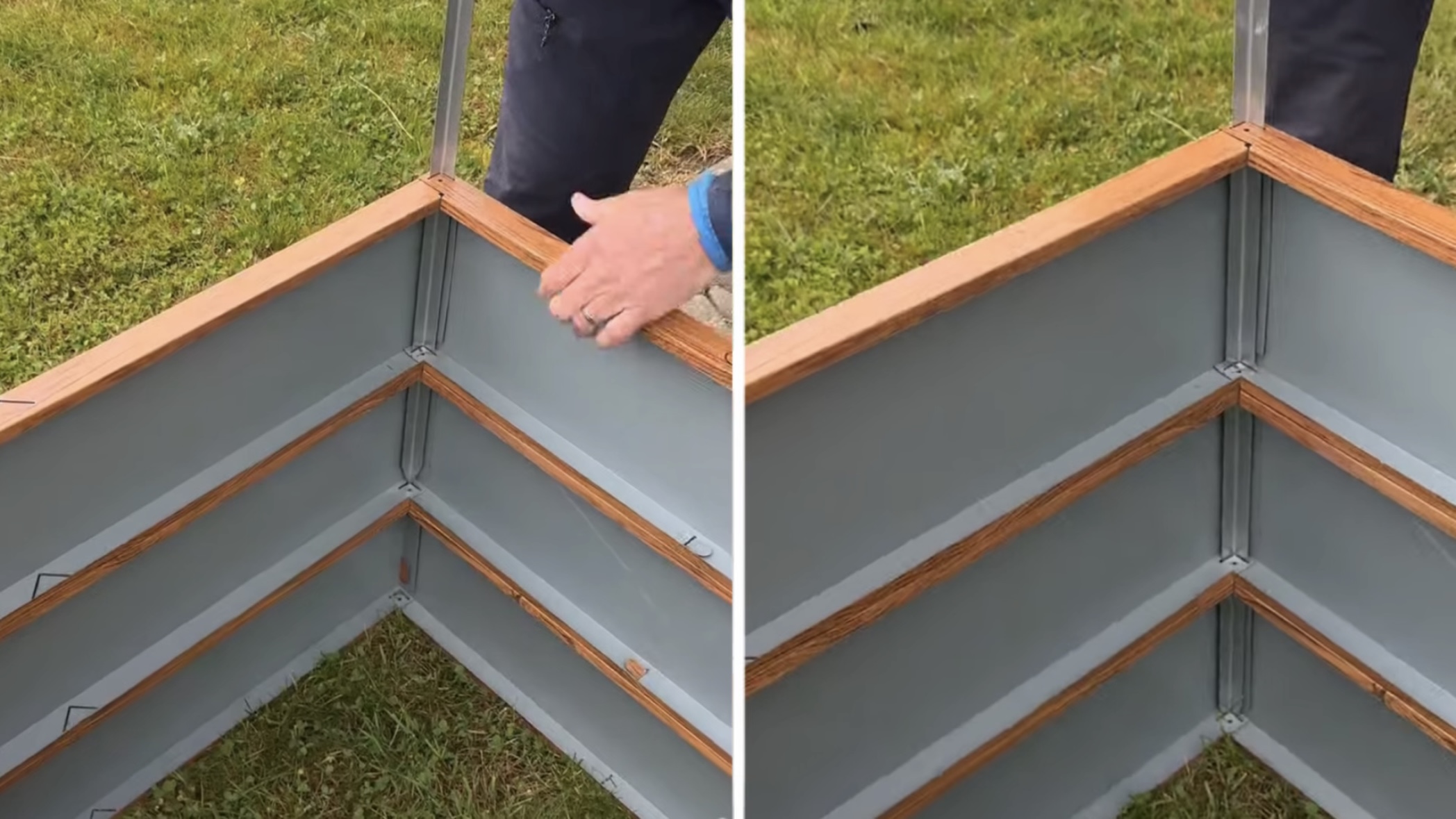 GARTENDEK raised garden bed – driving the corner ground stakes into the soil to fix the frame