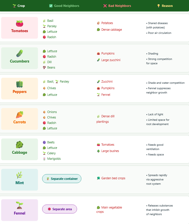 Companion planting chart in English – suitable and unsuitable neighbours for vegetables and herbs in a raised garden bed